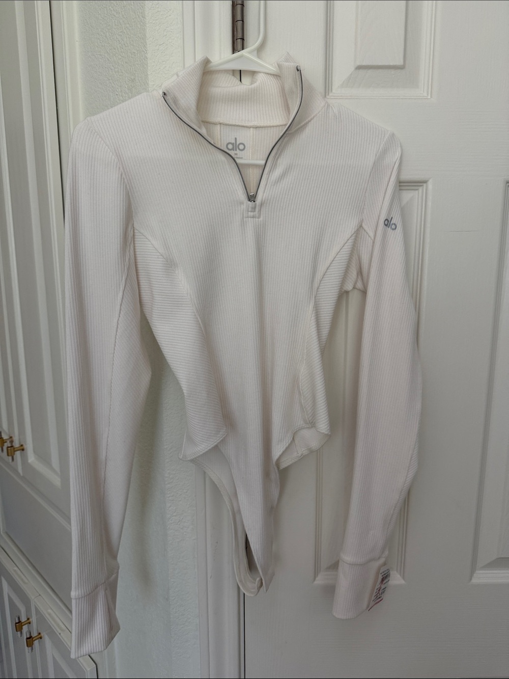 ALO Yoga Cream Ribbed Half‑Zip Turtleneck Bodysuit